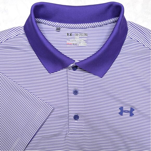 Under Armour heatgear Mens Golf Polo Shirt XXL Purple Stripe Performance Stretch - Picture 1 of 6